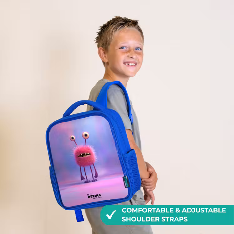 Kids backpack - Blue - Pink furry monster with big eyes — 4