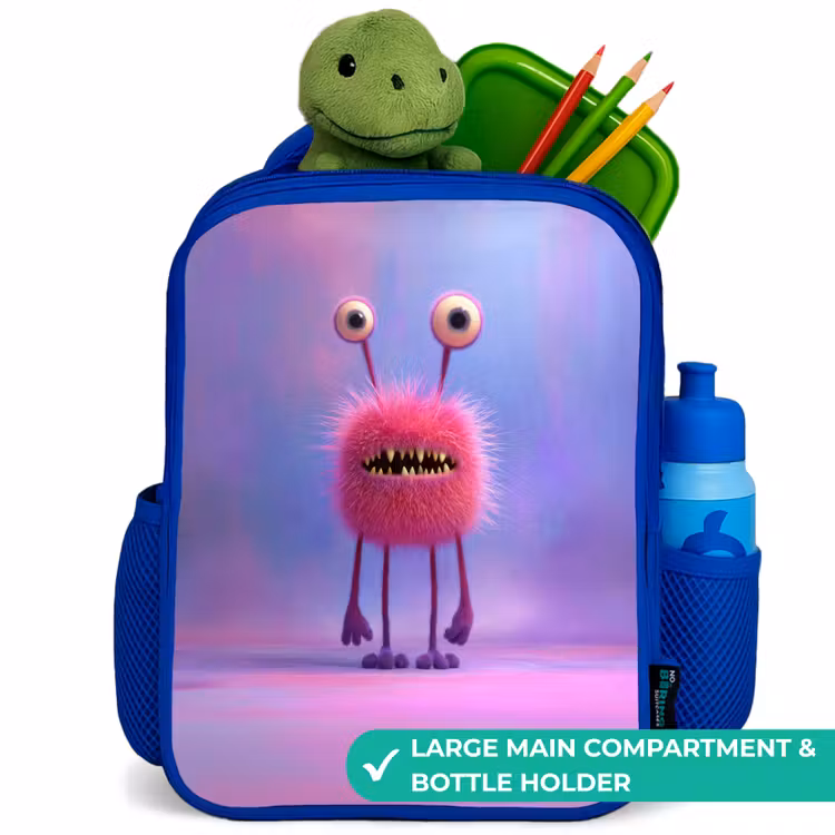 Kids backpack - Blue - Pink furry monster with big eyes — 5