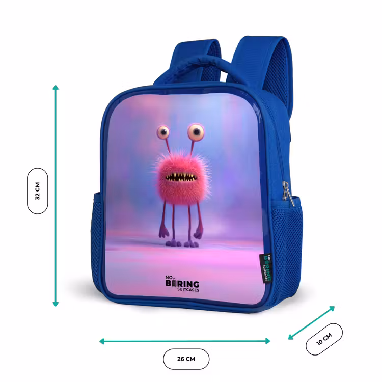 Kids backpack - Blue - Pink furry monster with big eyes — 6