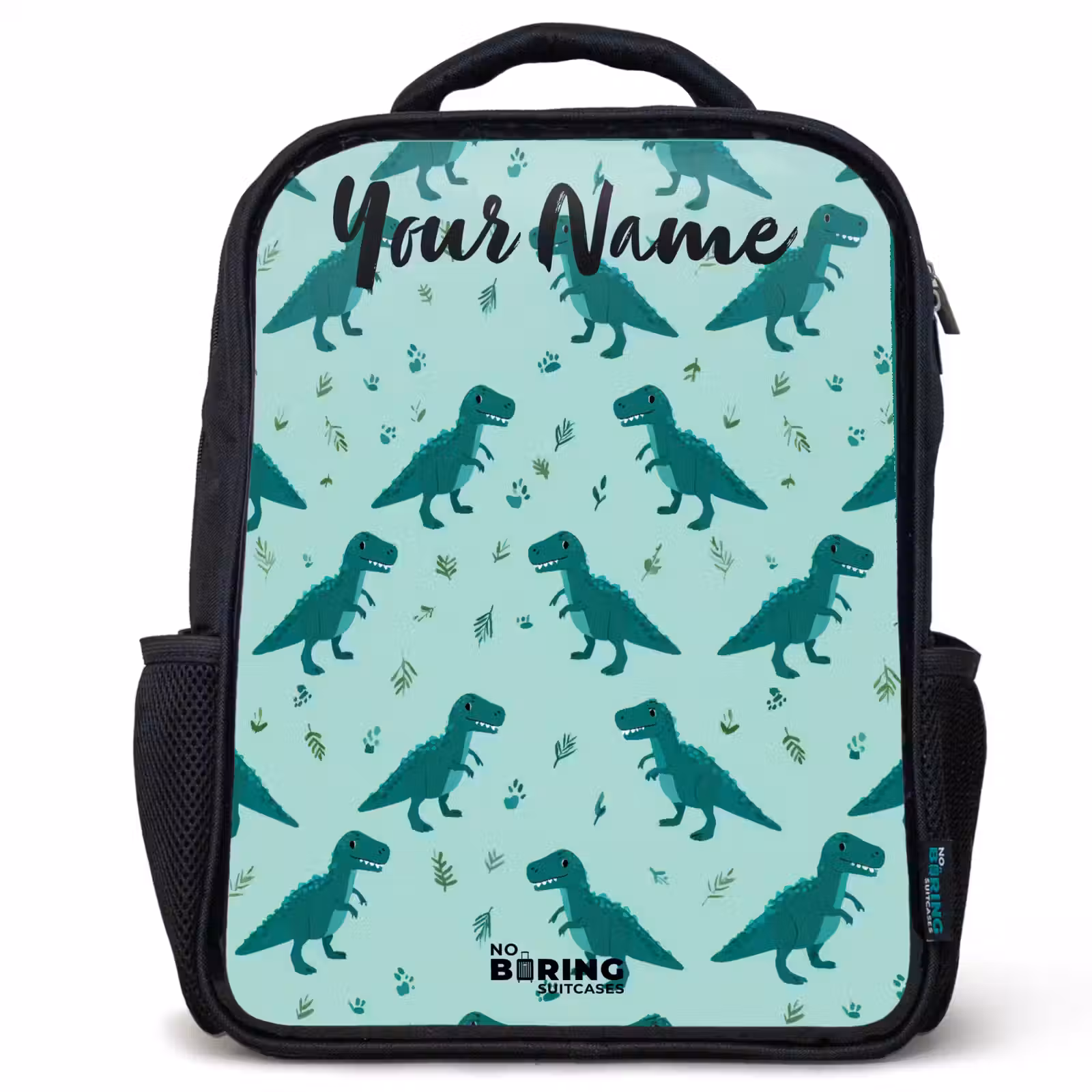 Kids backpack with name - Black - Dinos - Pattern - Green — 1