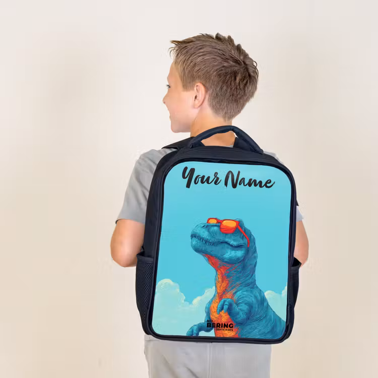 Kids backpack with name - Black - Dino - Sunglasses - Blue — 2
