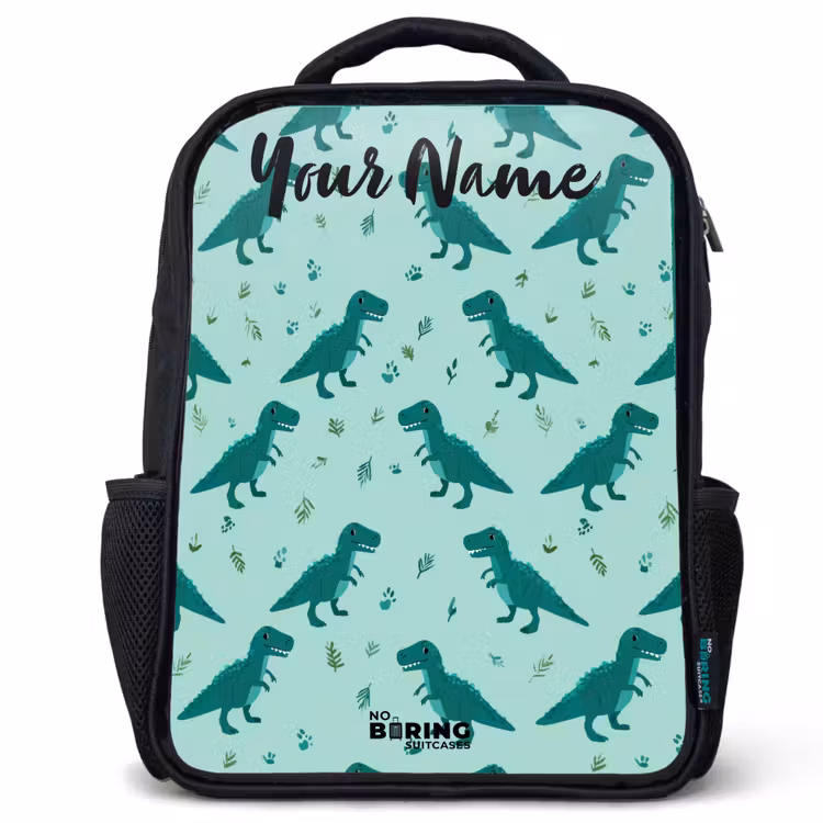 Kids backpack with name - Black - Dinos - Pattern - Green — 1
