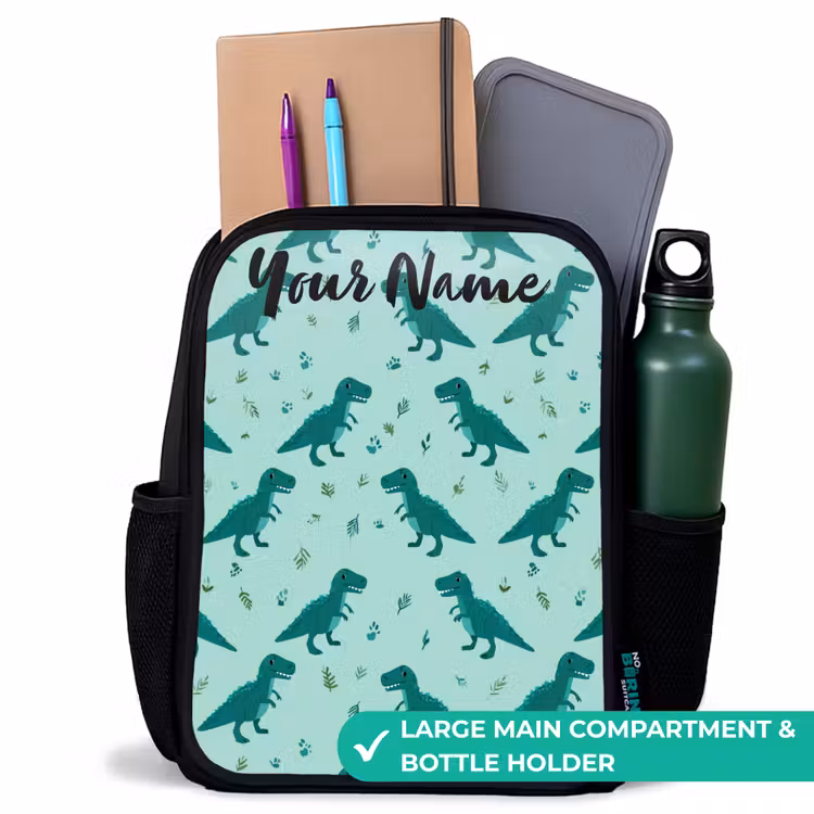 Kids backpack with name - Black - Dinos - Pattern - Green — 10