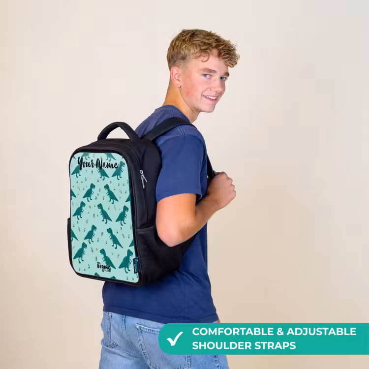 Kids backpack with name - Black - Dinos - Pattern - Green — 11