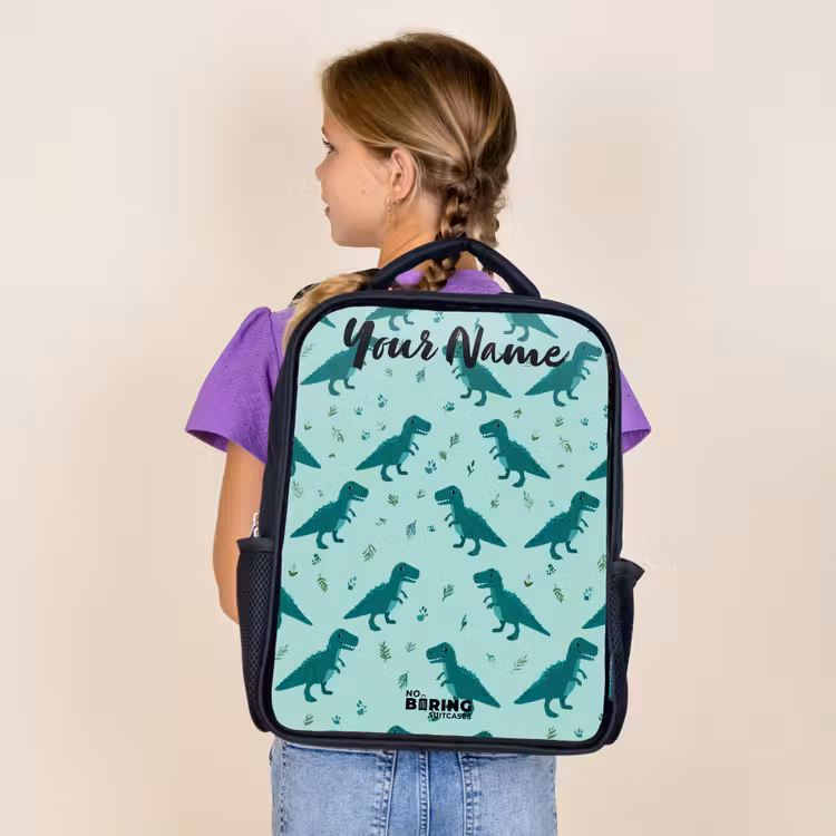 Kids backpack with name - Black - Dinos - Pattern - Green — 4