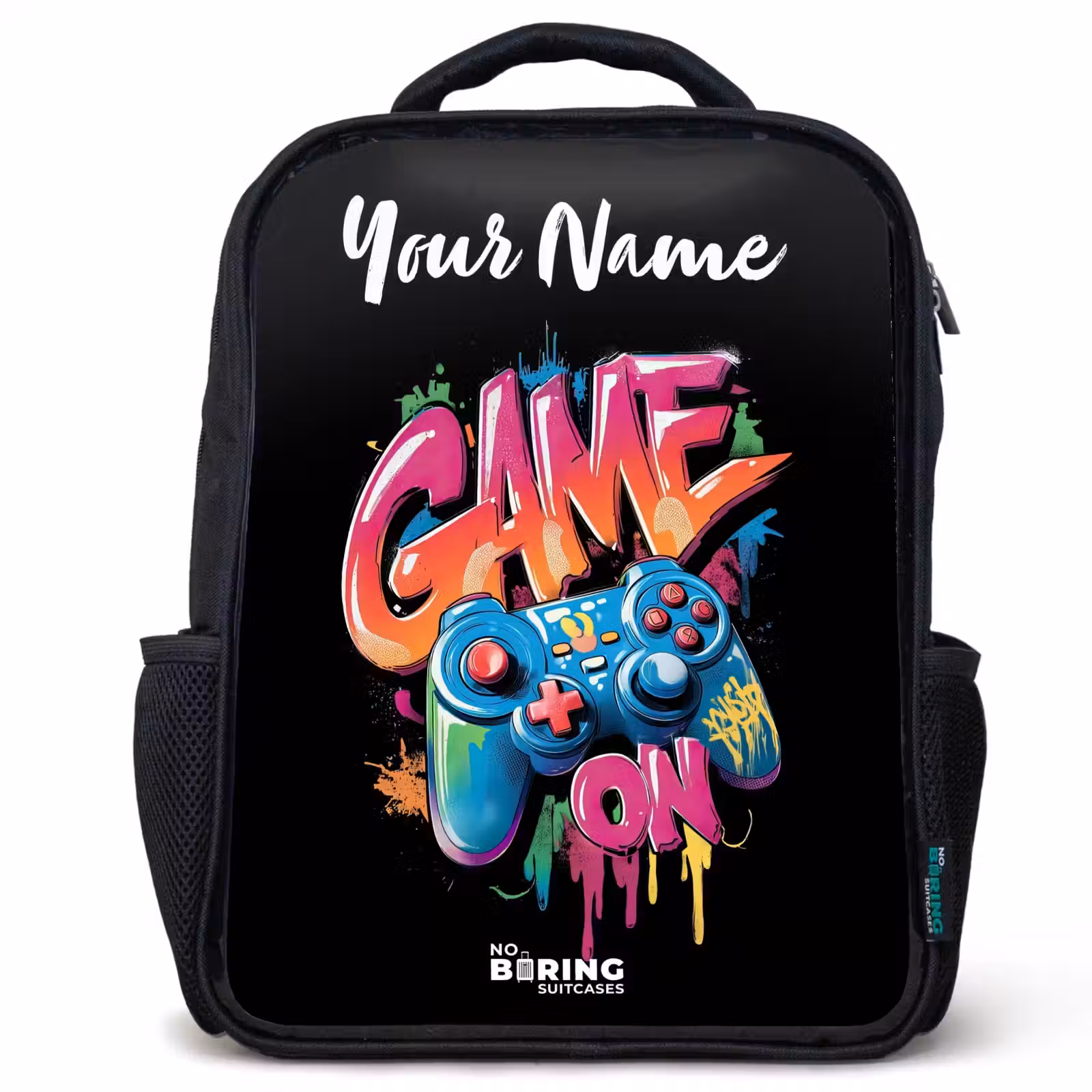 Kids backpack with name - Black - Controller - Game - Graffiti - Text — 1