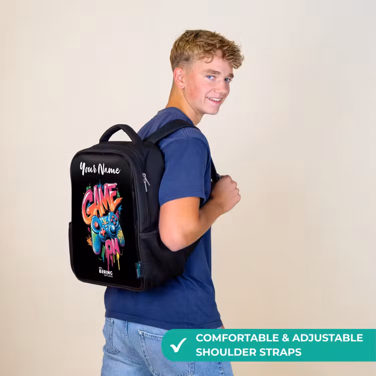 Kids backpack with name - Black - Controller - Game - Graffiti - Text — 11