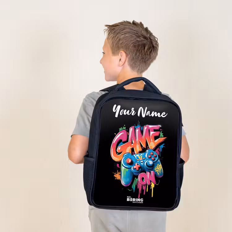 Kids backpack with name - Black - Controller - Game - Graffiti - Text — 2
