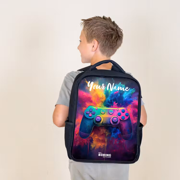 Kids backpack with name - Black - Game - Controller - Colorful - Explosion — 2