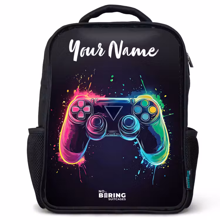 Kids backpack with name - Black - Neon - Controller - Paint splashes - Game — 1