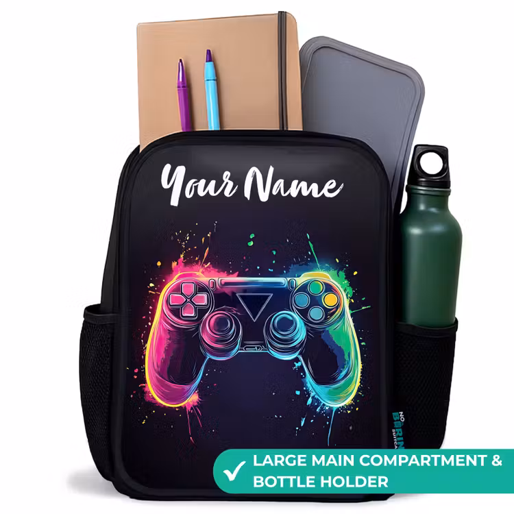 Kids backpack with name - Black - Neon - Controller - Paint splashes - Game — 10