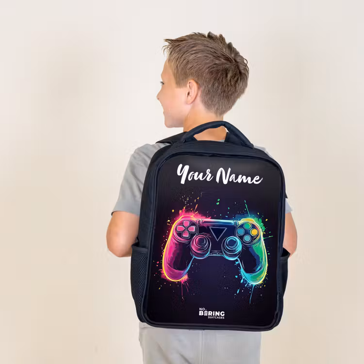 Kids backpack with name - Black - Neon - Controller - Paint splashes - Game — 2