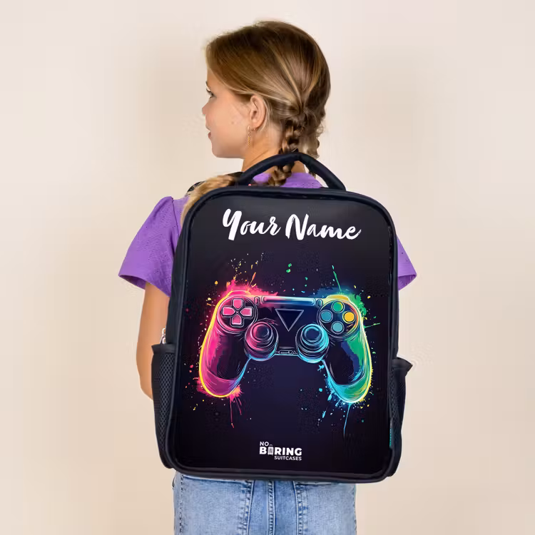 Kids backpack with name - Black - Neon - Controller - Paint splashes - Game — 4
