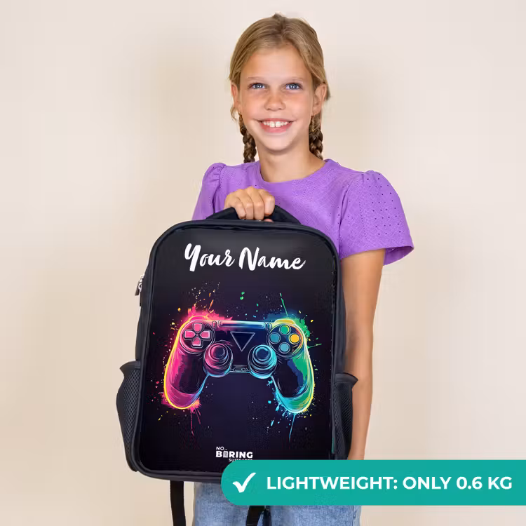 Kids backpack with name - Black - Neon - Controller - Paint splashes - Game — 9