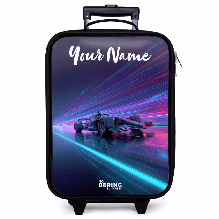Children's suitcase with name - Light beams - Neon - Racing car - Purple — 1