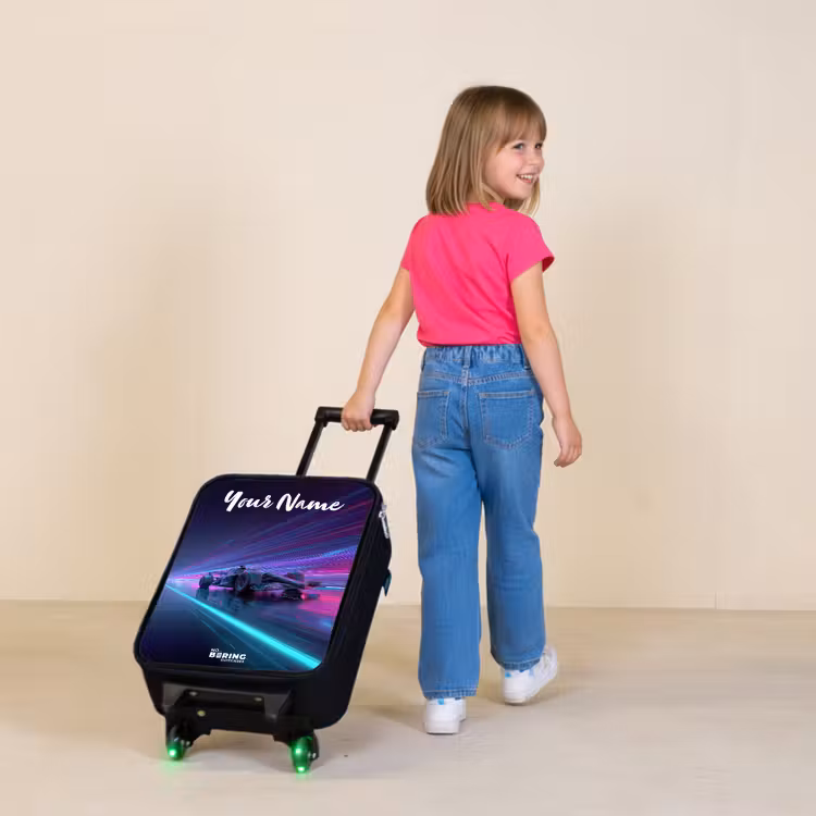 Children's suitcase with name - Light beams - Neon - Racing car - Purple — 2