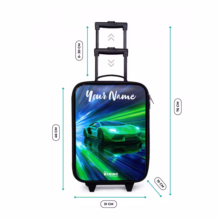Children's suitcase with name - Sports car - Green - Speed Lines - Neon — 3