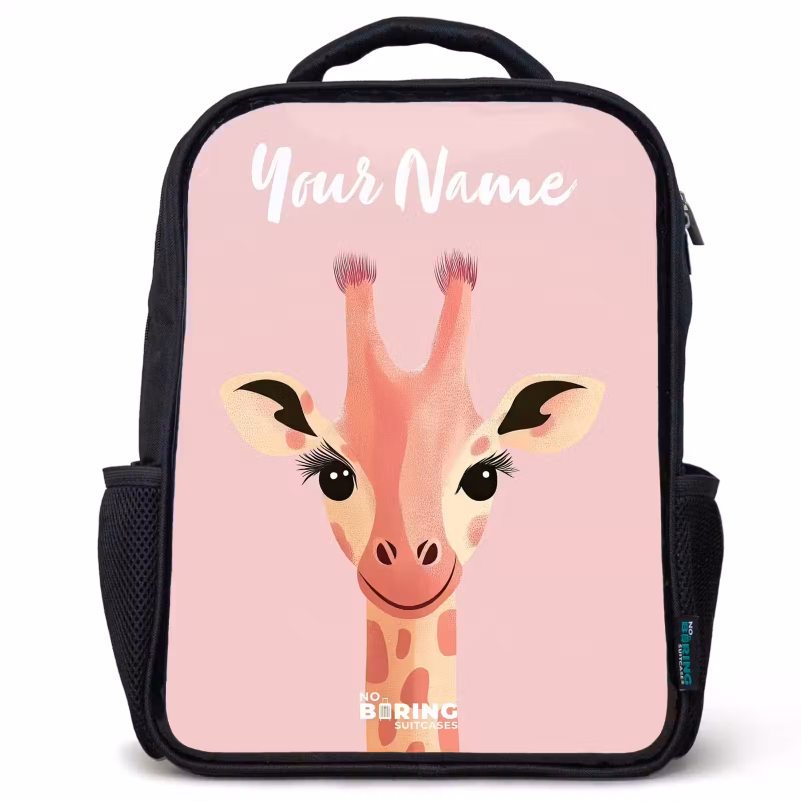 Kids backpack with name - Black - Giraffe - Eyelashes - Minimalist - Pink — 1