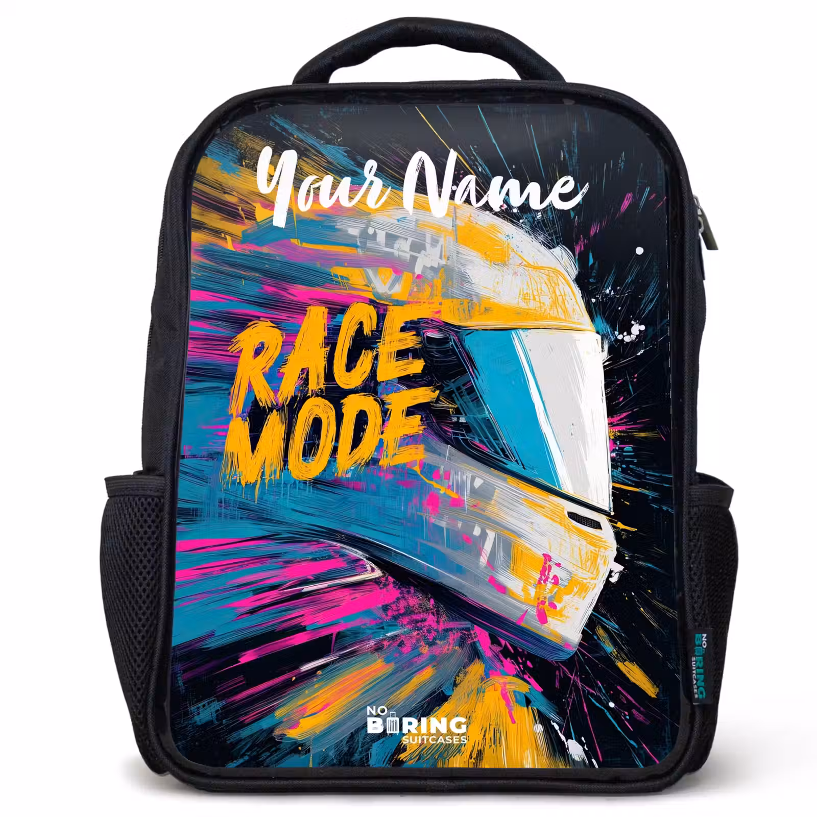 Kids backpack with name - Black - Racing helmet - Abstract - Paint - Colorful — 1