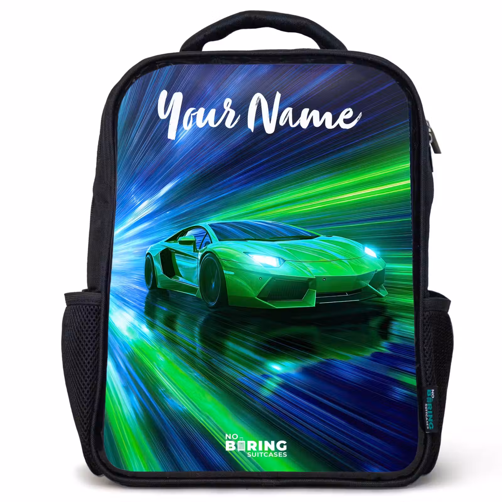 Kids backpack with name - Black - Sports car - Green - Speed Lines - Neon — 1