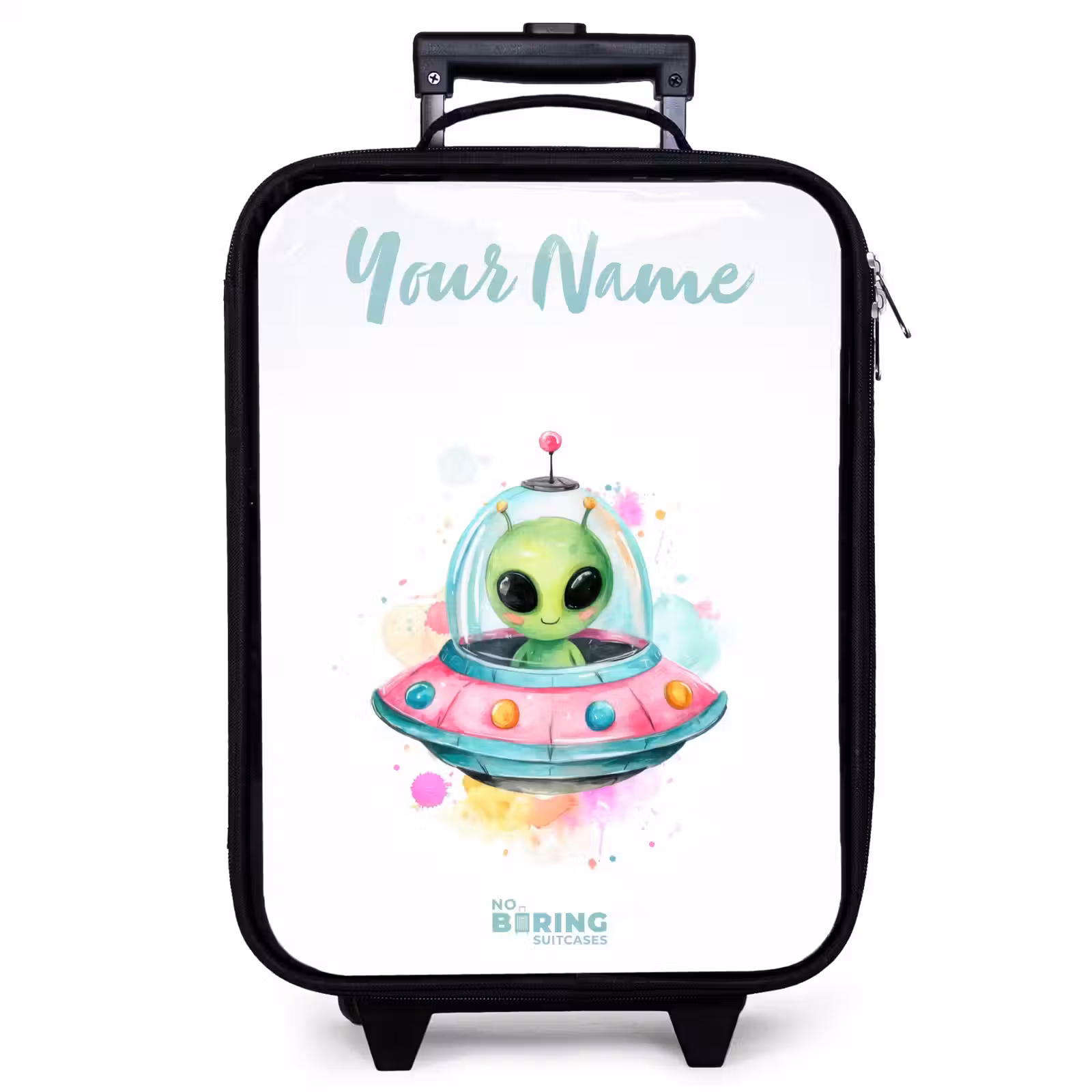Children's suitcase with name - Green alien in colorful UFO — 1