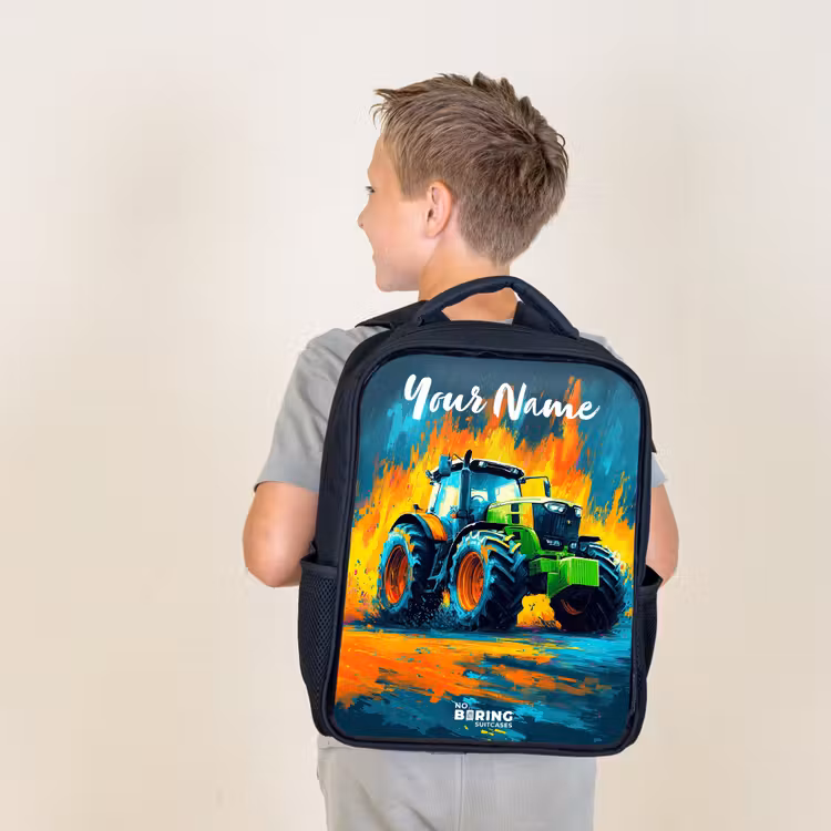 Kids backpack with name - Black - Abstract - Tractor - Groen — 2