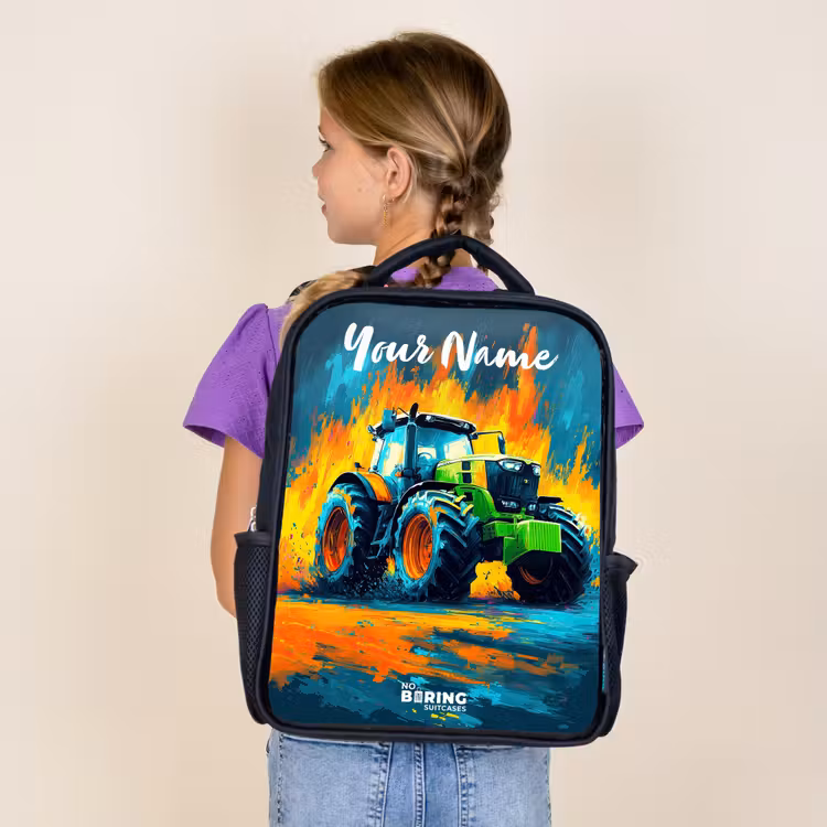 Kids backpack with name - Black - Abstract - Tractor - Groen — 4