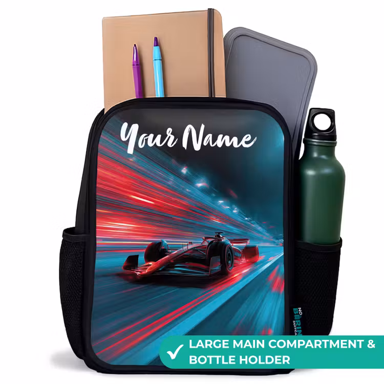 Kids backpack with name - Black - Formula 1 - Race car - Red - Neon lights — 10