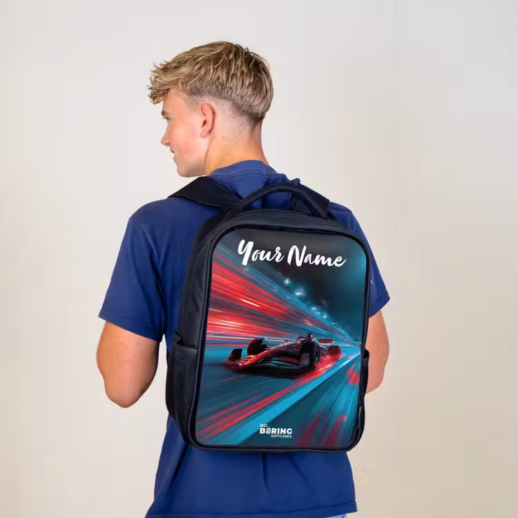 Kids backpack with name - Black - Formula 1 - Race car - Red - Neon lights — 5