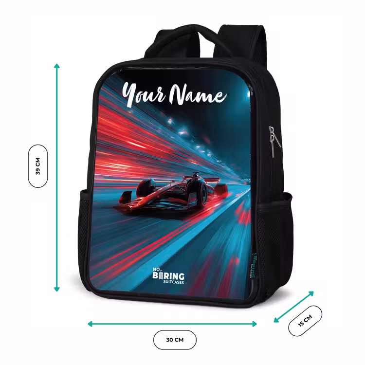Kids backpack with name - Black - Formula 1 - Race car - Red - Neon lights — 8