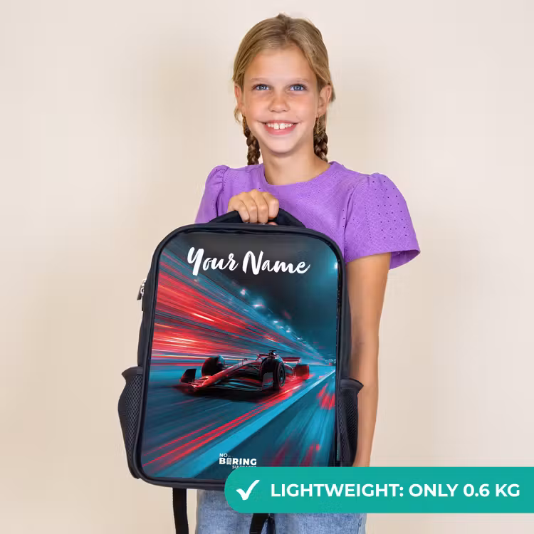 Kids backpack with name - Black - Formula 1 - Race car - Red - Neon lights — 9