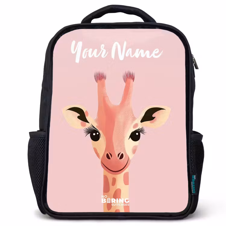 Kids backpack with name - Black - Giraffe - Eyelashes - Minimalist - Pink — 1