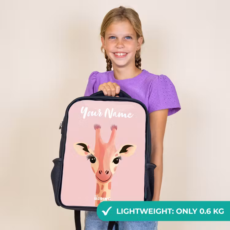 Kids backpack with name - Black - Giraffe - Eyelashes - Minimalist - Pink — 9