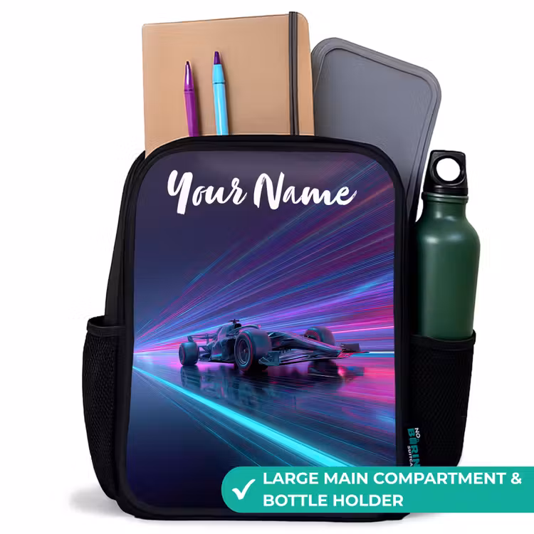 Kids backpack with name - Black - Light beams - Neon - Racing car - Purple — 10