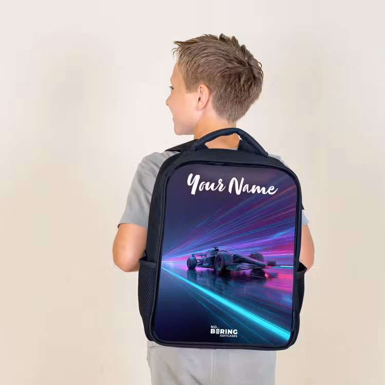 Kids backpack with name - Black - Light beams - Neon - Racing car - Purple — 2