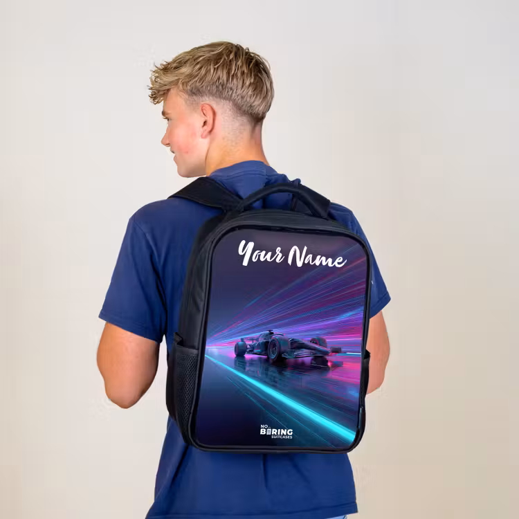 Kids backpack with name - Black - Light beams - Neon - Racing car - Purple — 5