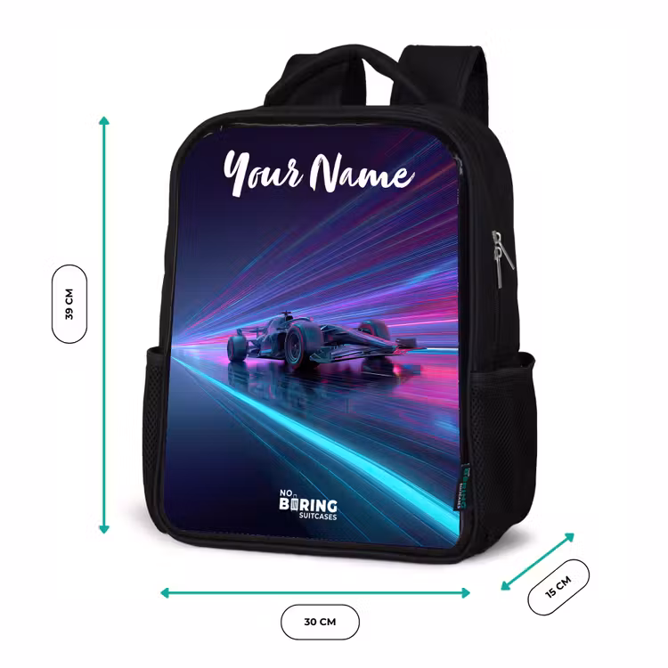Kids backpack with name - Black - Light beams - Neon - Racing car - Purple — 8