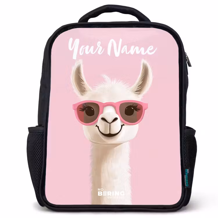 Kids backpack with name - Black - Llama - White - Sunglasses - Eyelashes — 1
