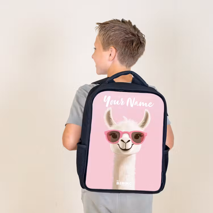 Kids backpack with name - Black - Llama - White - Sunglasses - Eyelashes — 2