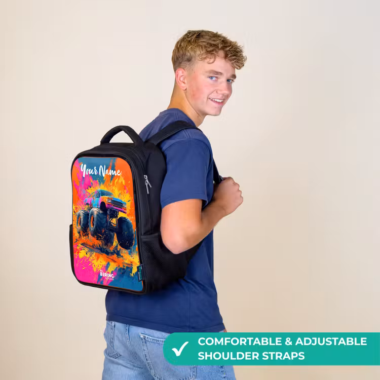 Kids backpack with name - Black - Monster truck - Abstract - Paint splatters - Colorful — 11