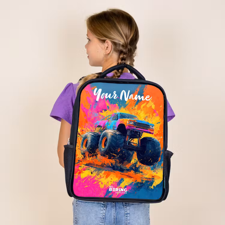 Kids backpack with name - Black - Monster truck - Abstract - Paint splatters - Colorful — 4