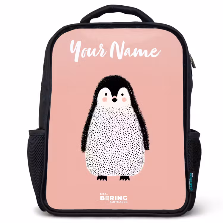 Kids backpack with name - Black - Penguin - Dots - Pink - Minimalist — 1