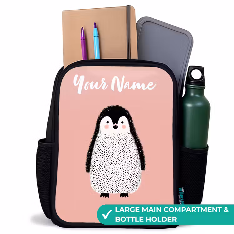 Kids backpack with name - Black - Penguin - Dots - Pink - Minimalist — 10