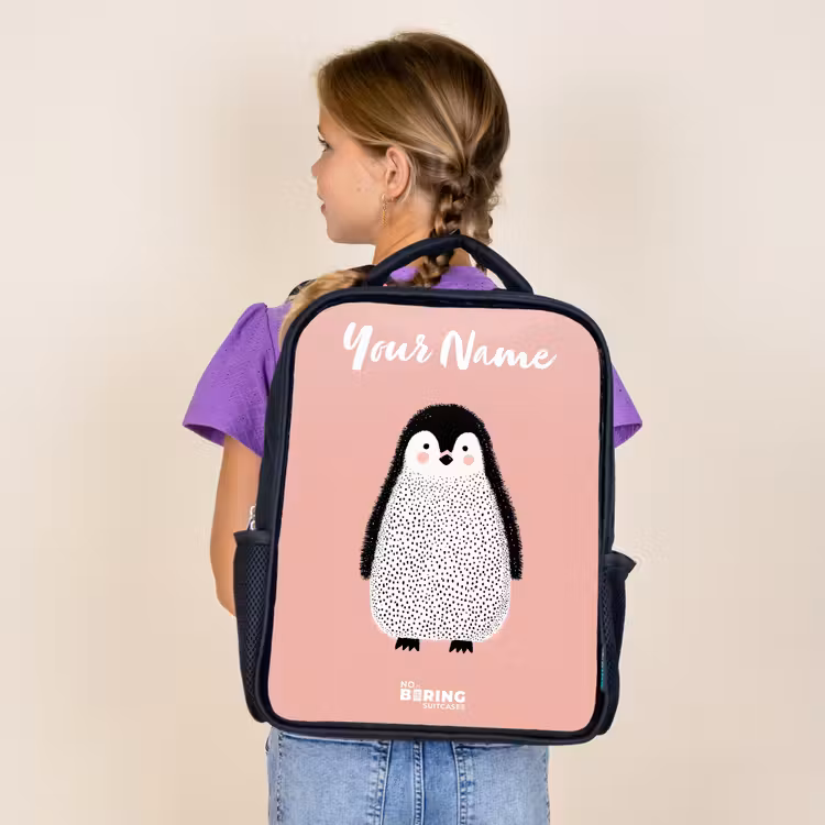 Kids backpack with name - Black - Penguin - Dots - Pink - Minimalist — 4