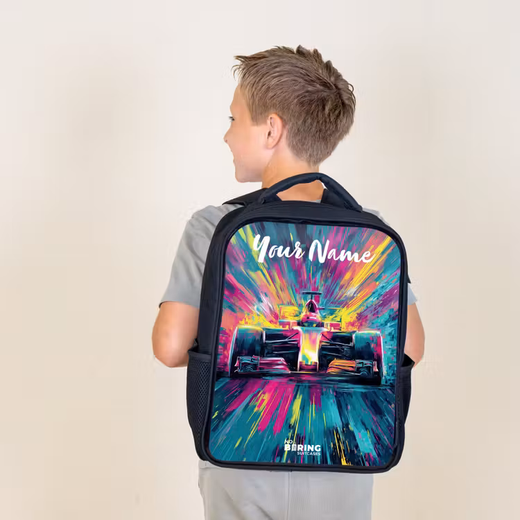 Kids backpack with name - Black - Race car - Abstract - Stripes - Blue — 2