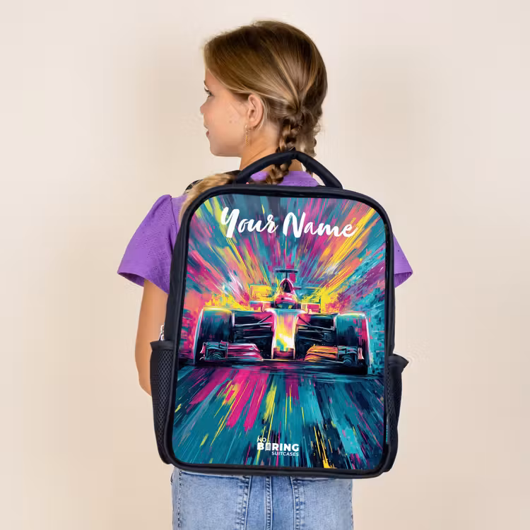 Kids backpack with name - Black - Race car - Abstract - Stripes - Blue — 4