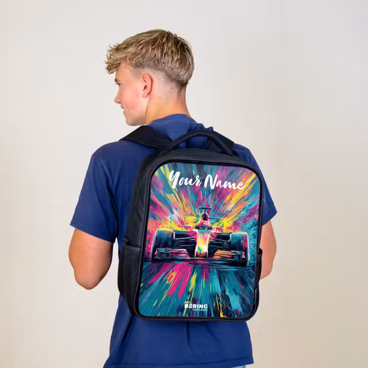 Kids backpack with name - Black - Race car - Abstract - Stripes - Blue — 5