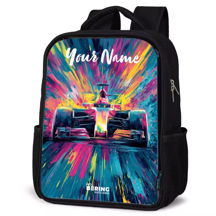Kids backpack with name - Black - Race car - Abstract - Stripes - Blue — 6