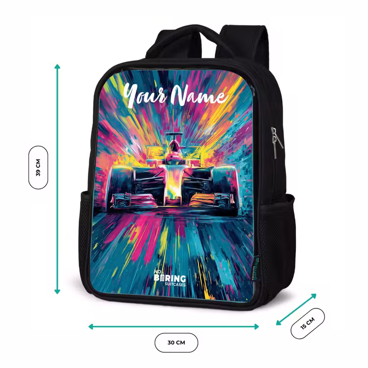 Kids backpack with name - Black - Race car - Abstract - Stripes - Blue — 8
