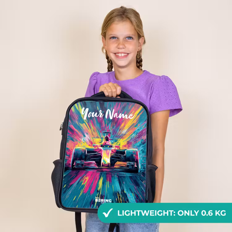 Kids backpack with name - Black - Race car - Abstract - Stripes - Blue — 9